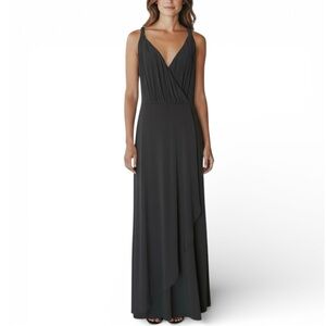 Calvin Klein Black Deep V Draped Maxi Cocktail Dress 12 Twist Strap Evening Gown